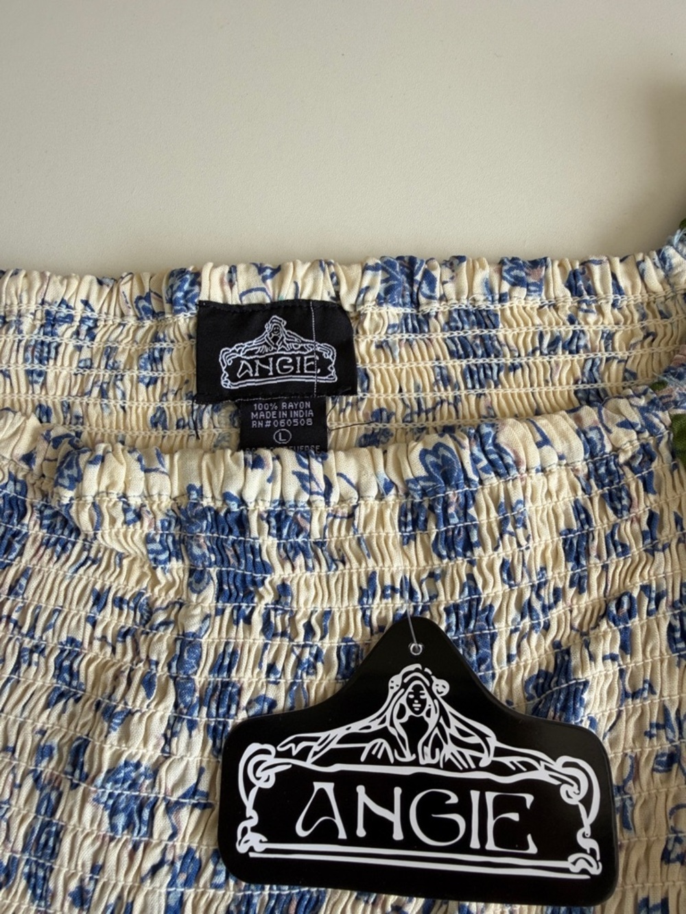 Angie Blue, Cream & Green Boho Smocked Peasant Top L - Picture 2 of 3